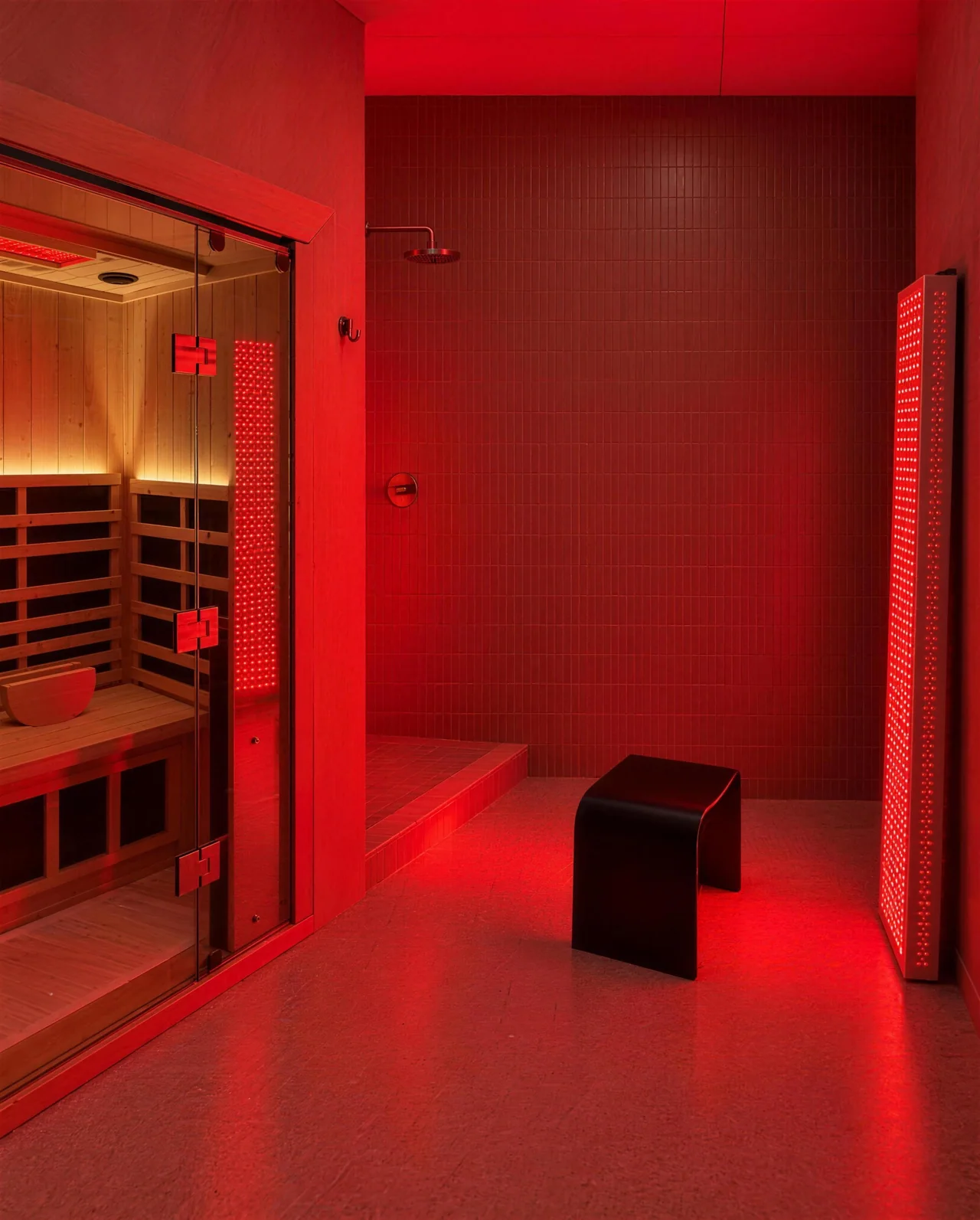 La suite Éclat, avec son sauna infrarouge, sa douche et son panneau de lumière rouge